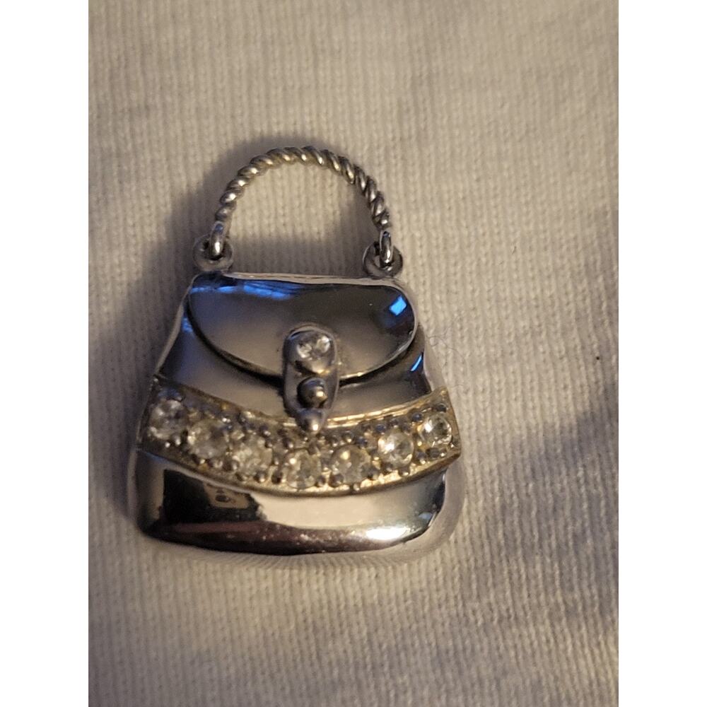 Bag Charm -Mini Designer Bag shiny silver toned CZ stones NICE! 925 FAS IT OPENS - Picture 6 of 6
